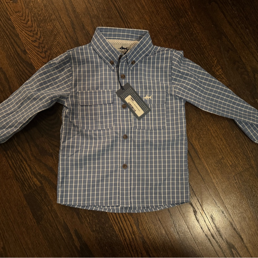 Blue Checkered Button-Up Fishing Shirt